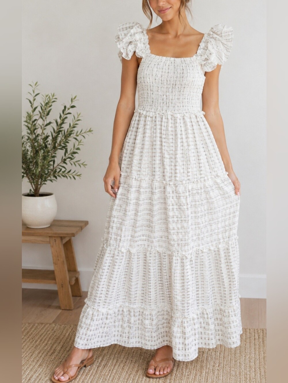 White textured tiered maxi dress smocked ruffle Prarie cottagecore Edwardian SM